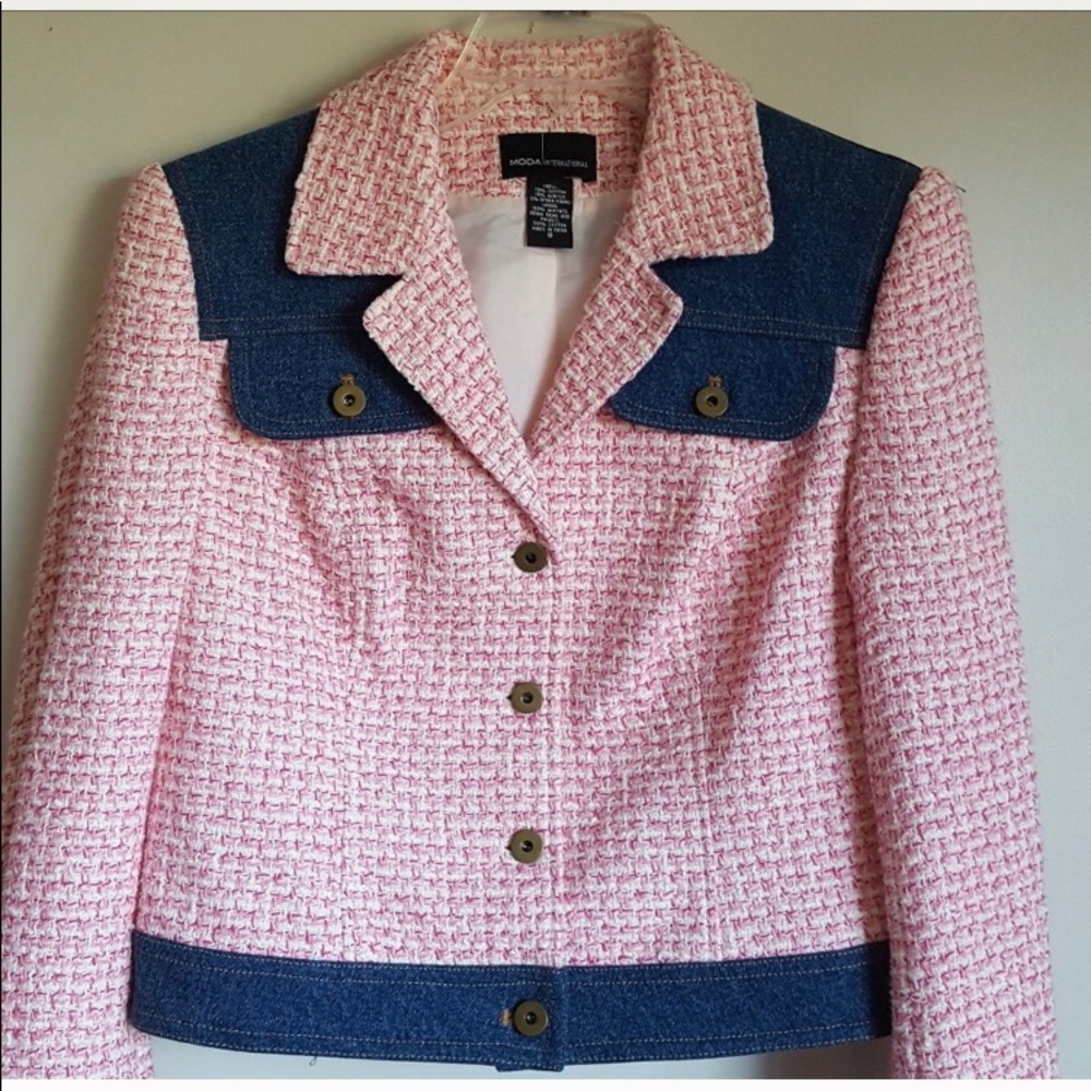Moda International by VS Pink/Denim Trim  Tweed Blazer